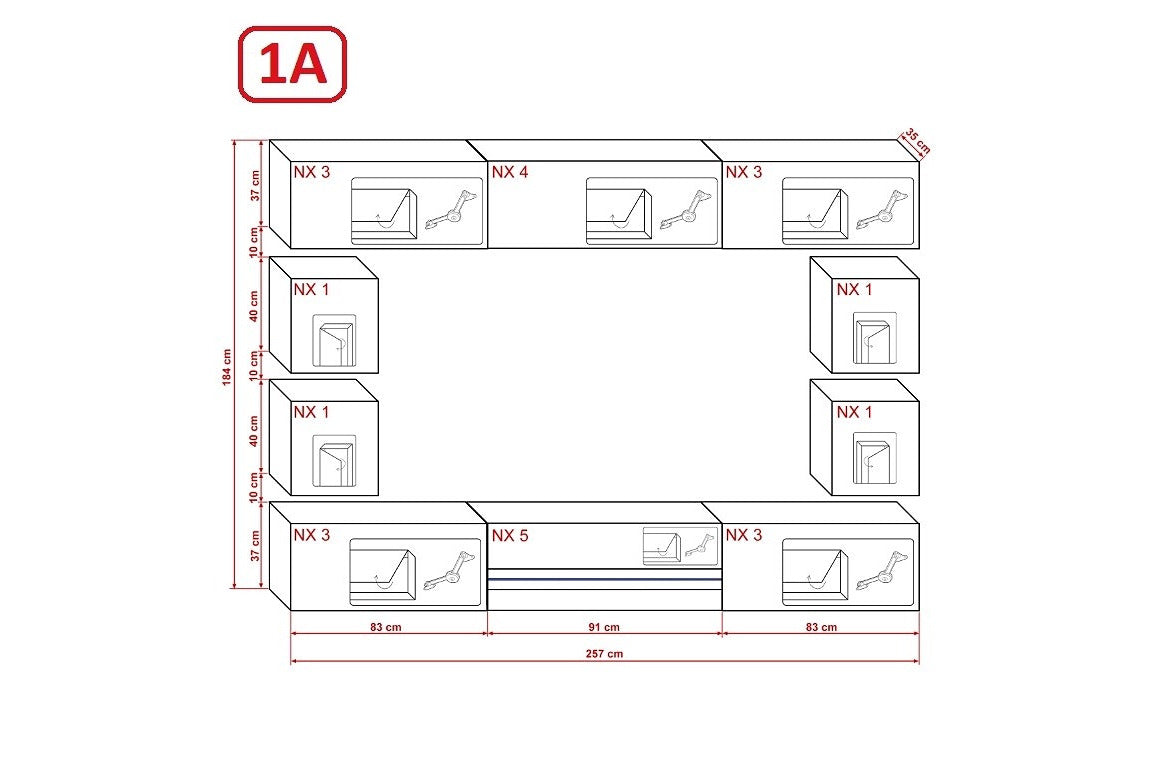 Black high-gloss modern living room wall unit with LED lighting, TV stand, and floating cabinets