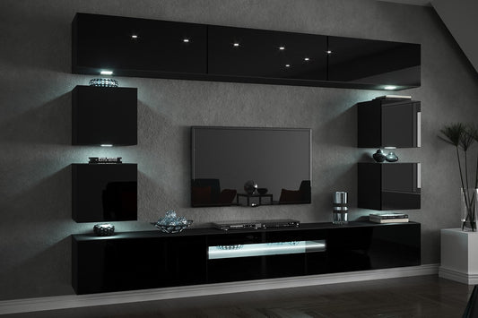 Black high-gloss modern living room wall unit with LED lighting, TV stand, and floating cabinets