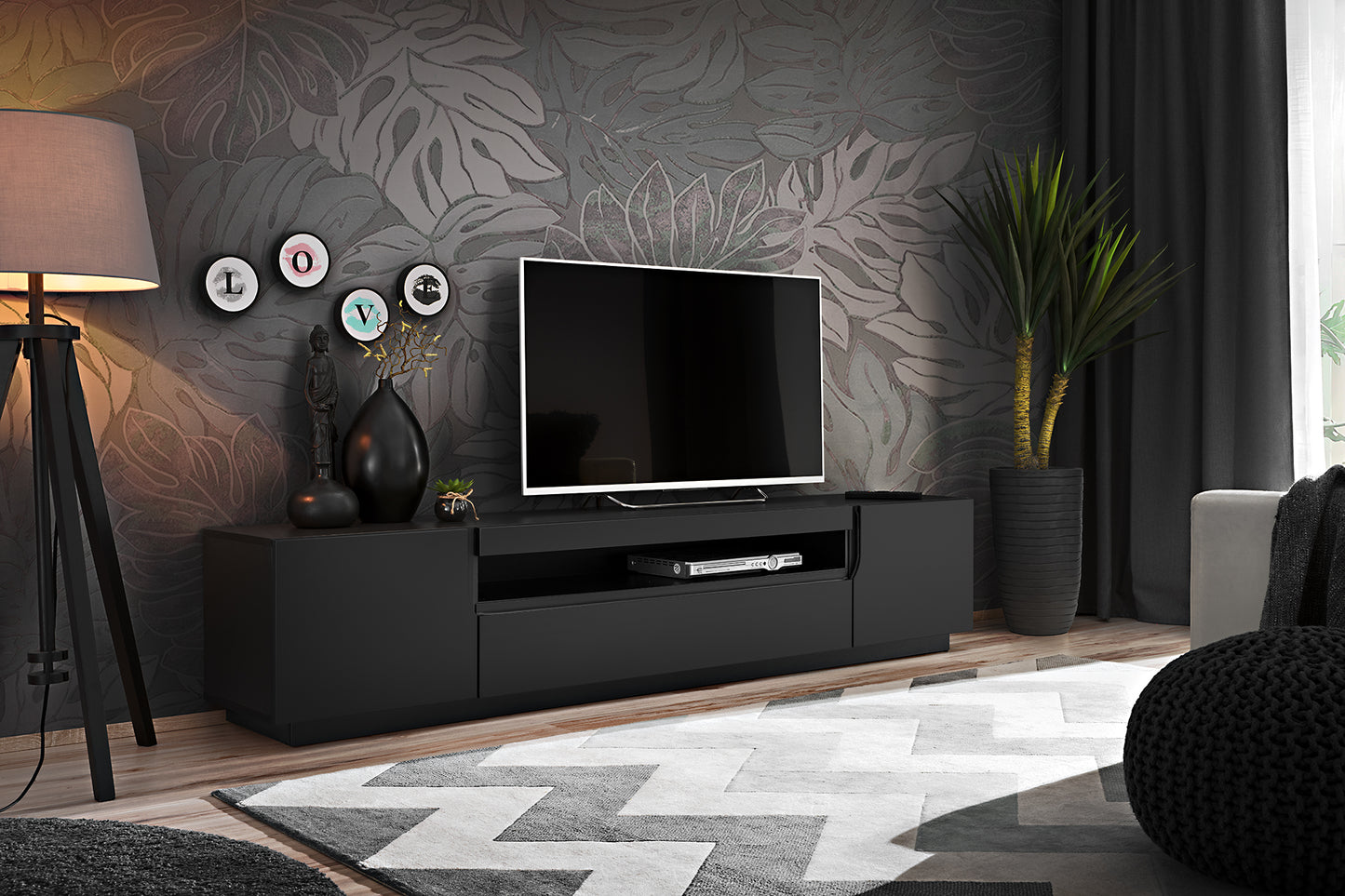 Constructed with high-quality materials, this modern TV stand is built to last, providing durability and stability for your valuable electronics. The black matte finish not only adds a touch of sophistication but also complements a variety of decor styles, making it a versatile choice for any home.