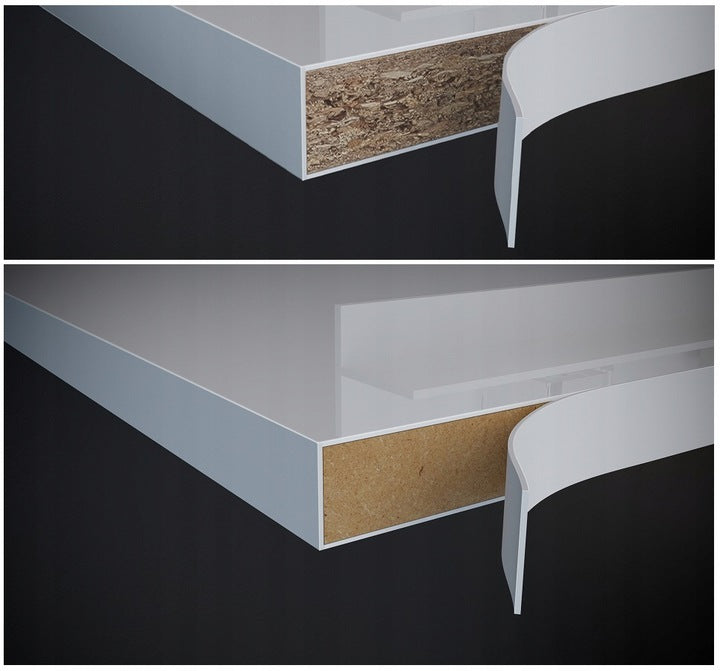 White modern contemporary floating TV unit with LED lights, featuring two vertical cabinets and three horizontal cabinets, elegantly designed for a sleek and minimalist living room setup