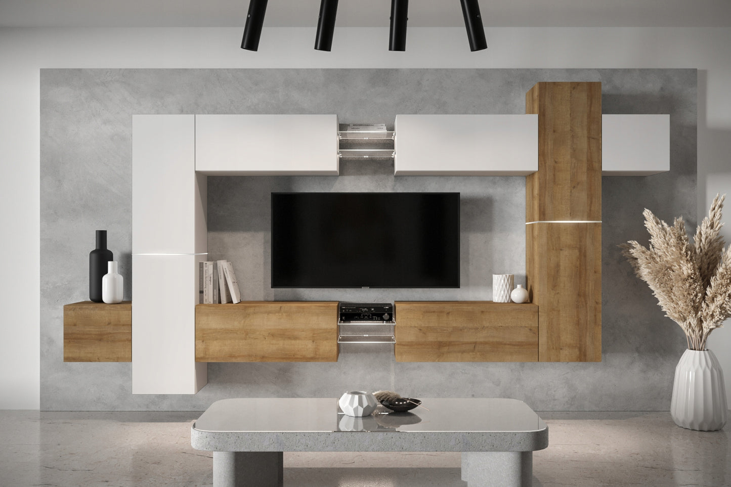 Media wall cabinet white gloss oak furniture