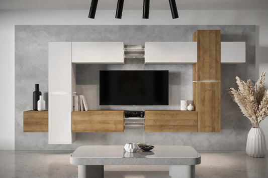 Media wall cabinet white gloss oak furniture