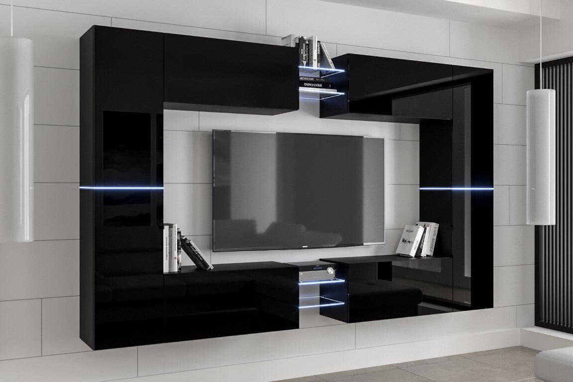 Floating living room wall unit in black lacquer with built-in LED accent lighting and modular storage compartments.