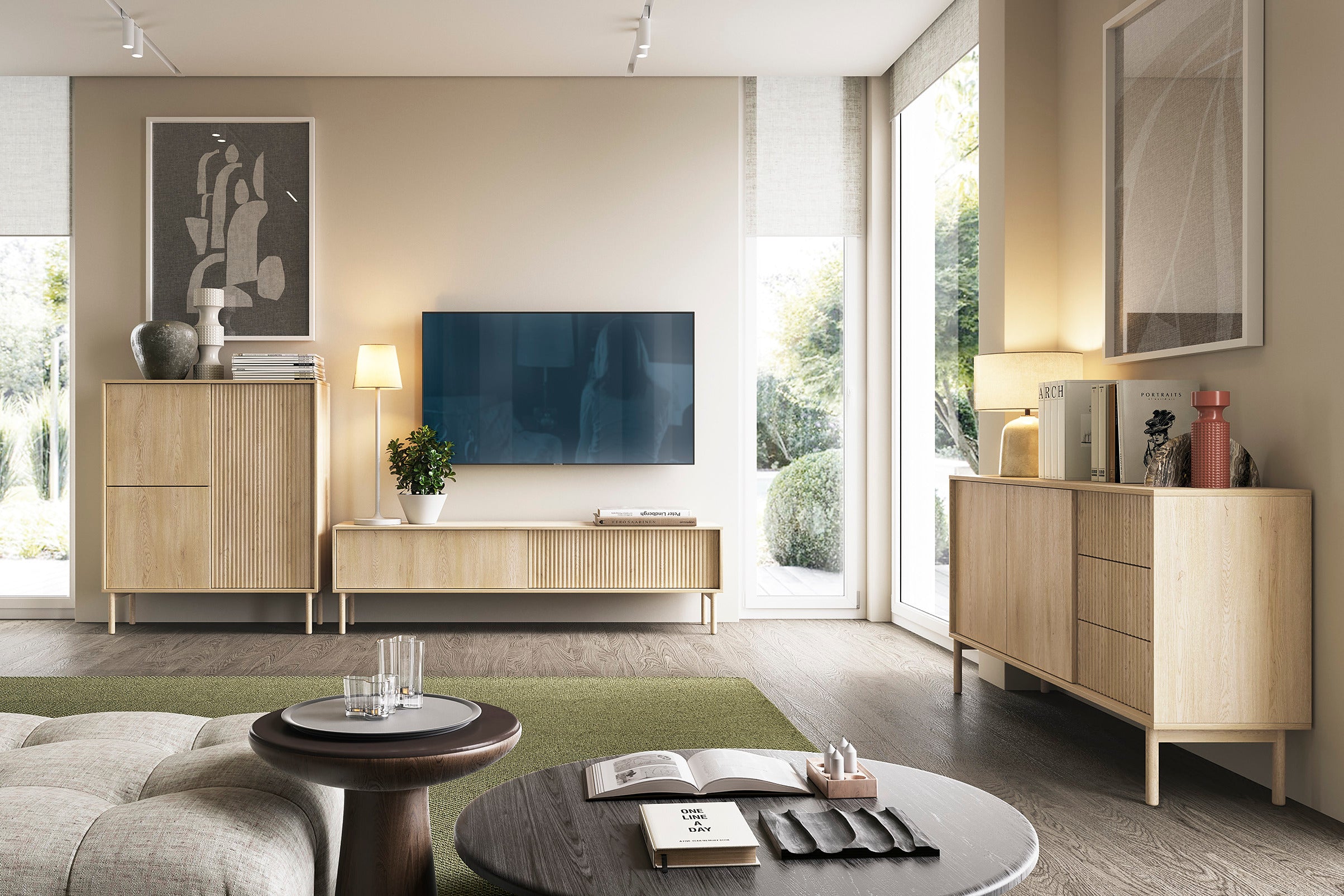 "Modern Scandinavian living room featuring a TAVO sideboard with ribbed drawers, a sleek TV unit, and stylish decor elements, all set in a bright, airy space with natural light."