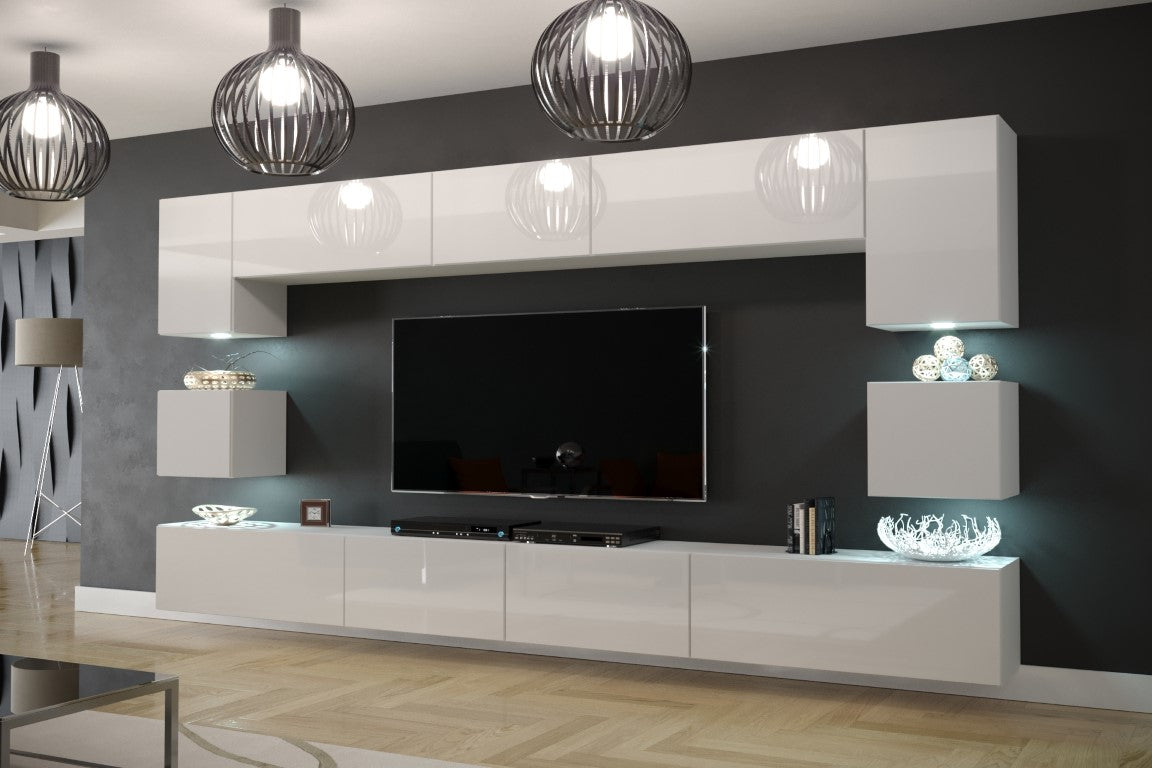 Media wall cabinets cupboards entertainment tv unit gloss furniture set white Modern living room