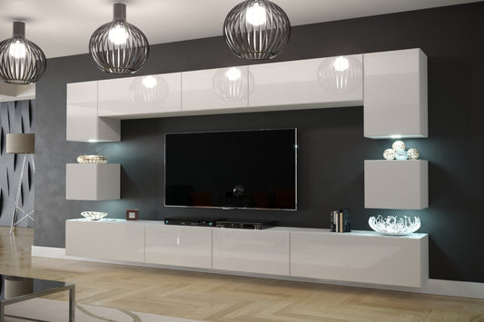 Media wall cabinets cupboards entertainment tv unit gloss furniture set white Modern living room