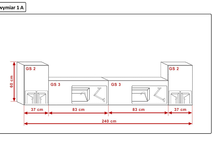 Modern floating black high-gloss TV stand with a TV mounted on a dark grey wall in a contemporary living room..