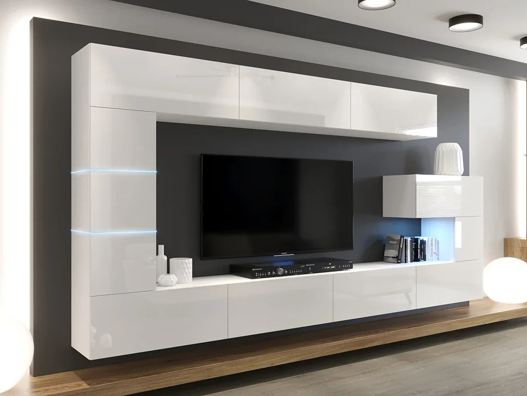 N89 white gloss floating wall unit 332cm wide for living room.