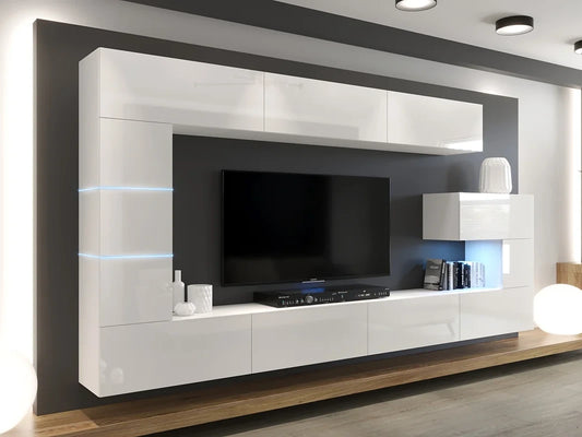 N89 white gloss floating wall unit 332cm wide for living room.