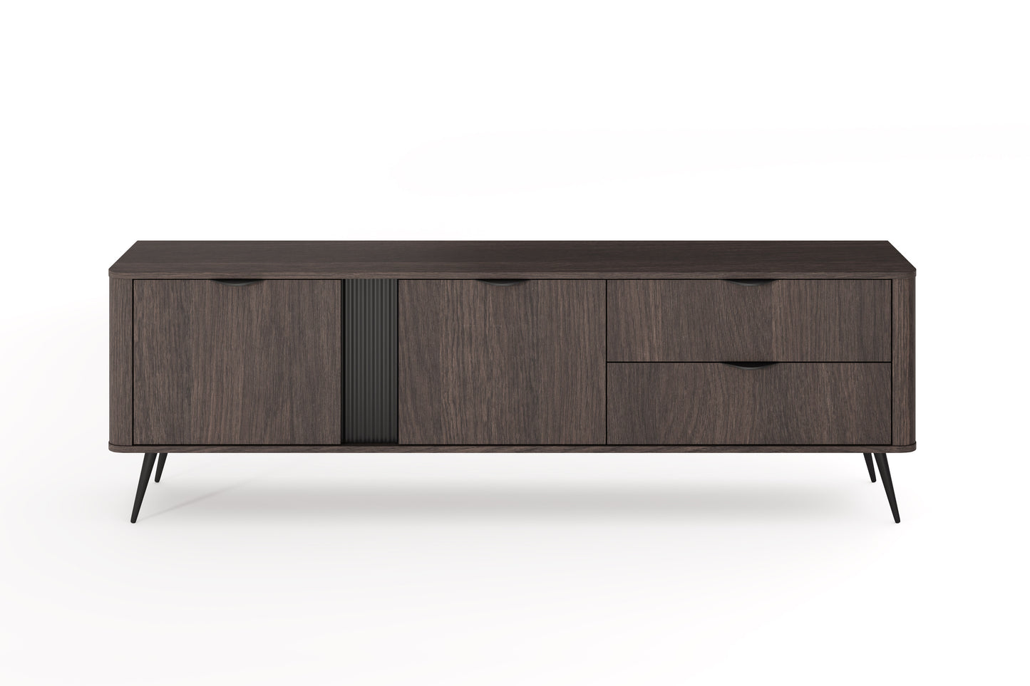 VERIS E TV unit in dark wood finish, 195 cm wide with two open drawers and two cabinet doors, showcasing internal shelves and black metal legs.