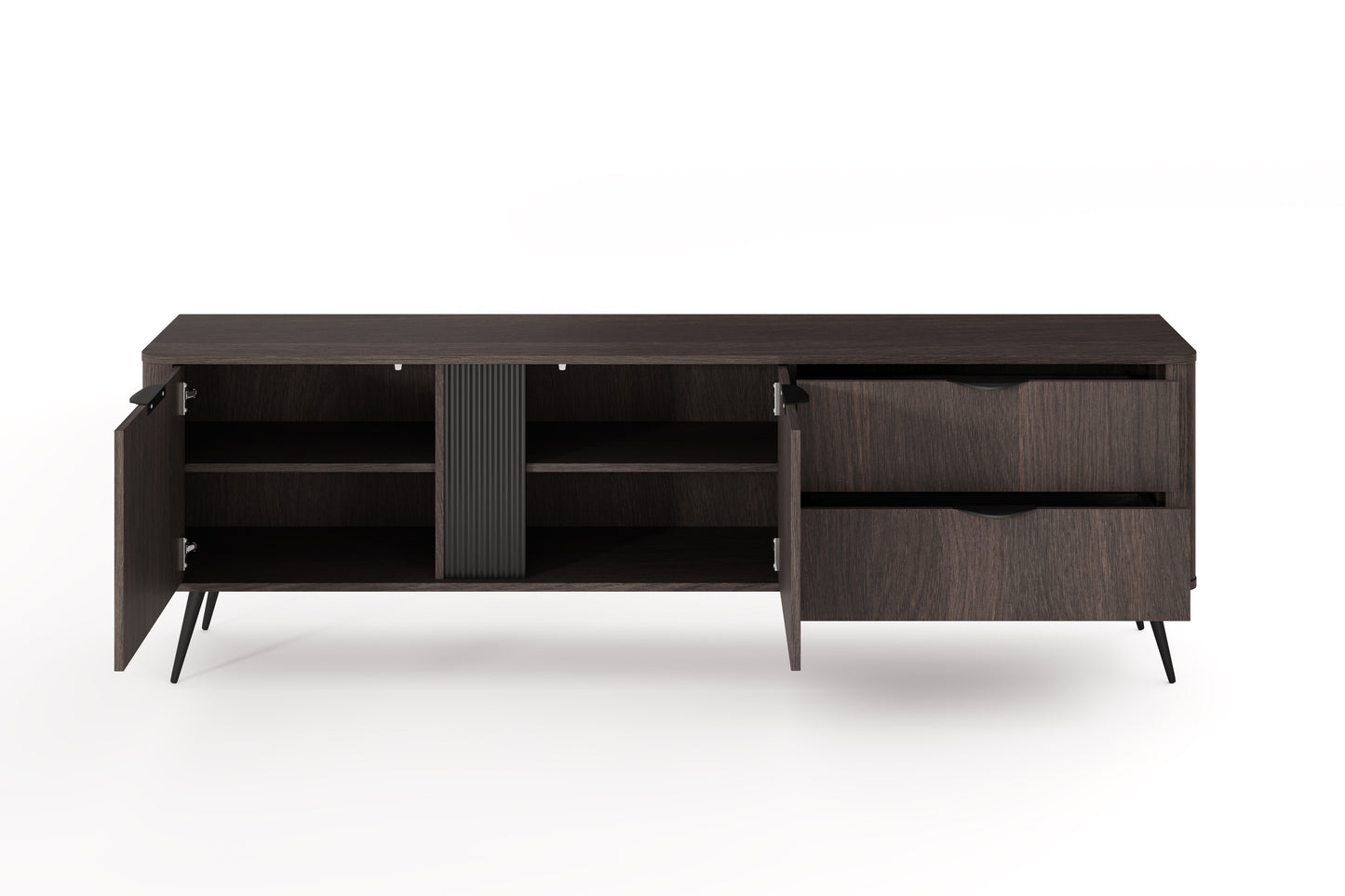 VERIS E TV unit in dark wood finish, 195 cm wide with two open drawers and two cabinet doors, showcasing internal shelves and black metal legs.