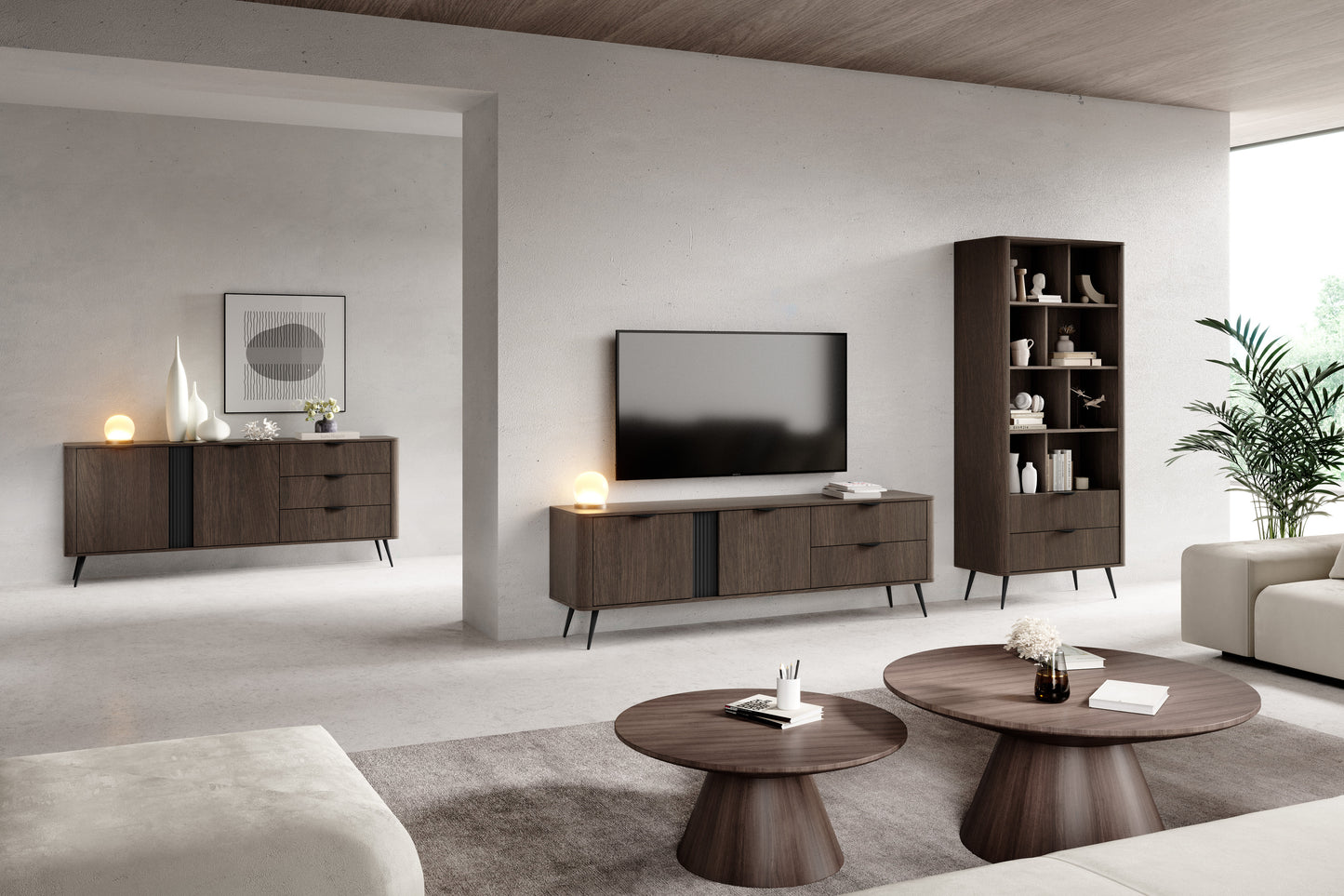 Modern living room with wooden furniture and decor