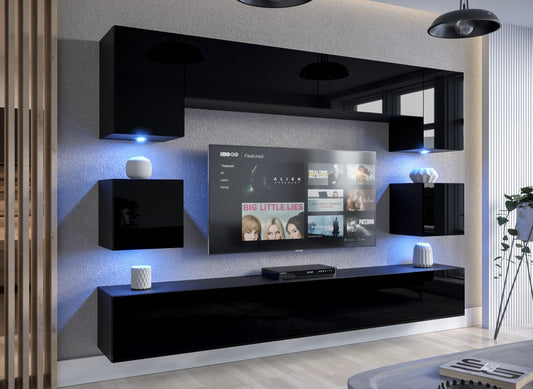 "Minimalist black gloss modern TV unit in a contemporary living room furniture set, offering sleek design and ample storage for a stylish and functional entertainment space."