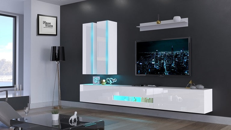 White modern contemporary floating TV unit with sleek design and integrated LED lights, featuring ample storage and a minimalist aesthetic, mounted on a living room wall
