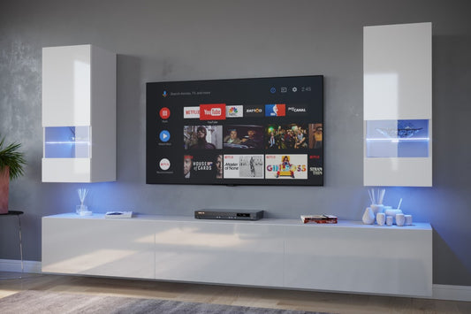 "Discover the sleek elegance of our white gloss TV unit - a modern TV stand designed to elevate your entertainment space. With its floating design and LED light accents, this unit brings contemporary style and sophistication to any room. Explore now for the perfect combination of form and function."