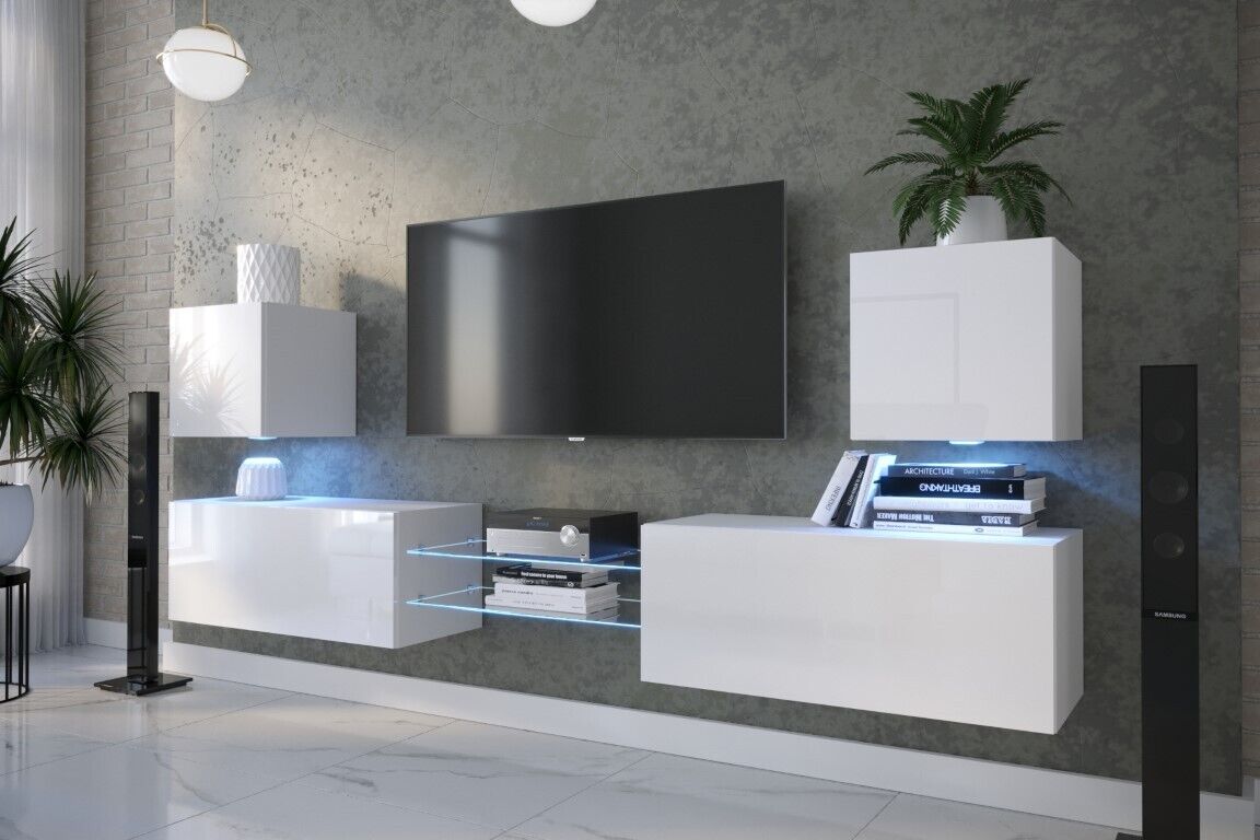 Modern living room furniture set Contemporary white gloss furniture TV unit with glass shelves Entertainment cabinet with LED lights