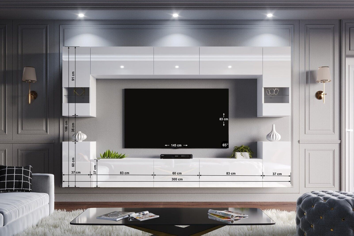 "White gloss contemporary living room furniture set featuring a modern entertainment TV unit with sleek design and clean lines."