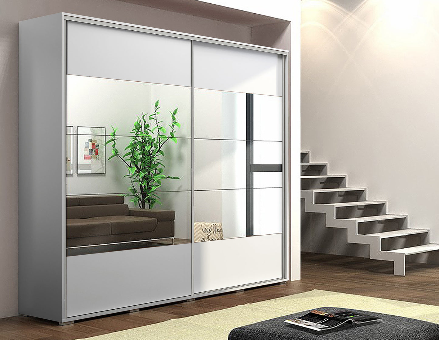 "Upgrade your bedroom with our sleek white wardrobe featuring sliding doors and a convenient mirror. Shop now!"