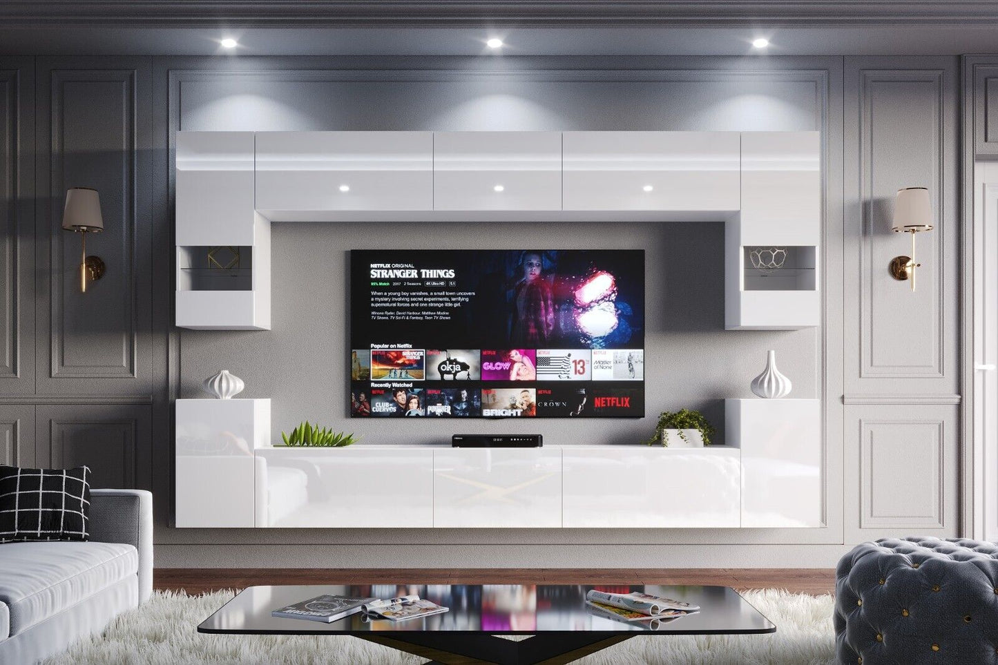 "White gloss contemporary living room furniture set featuring a sleek modern design. Includes entertainment TV unit with ample storage space and minimalist aesthetic."