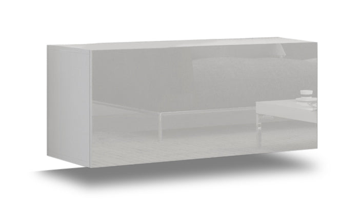 "White high gloss single cabinet floating in modern living room."