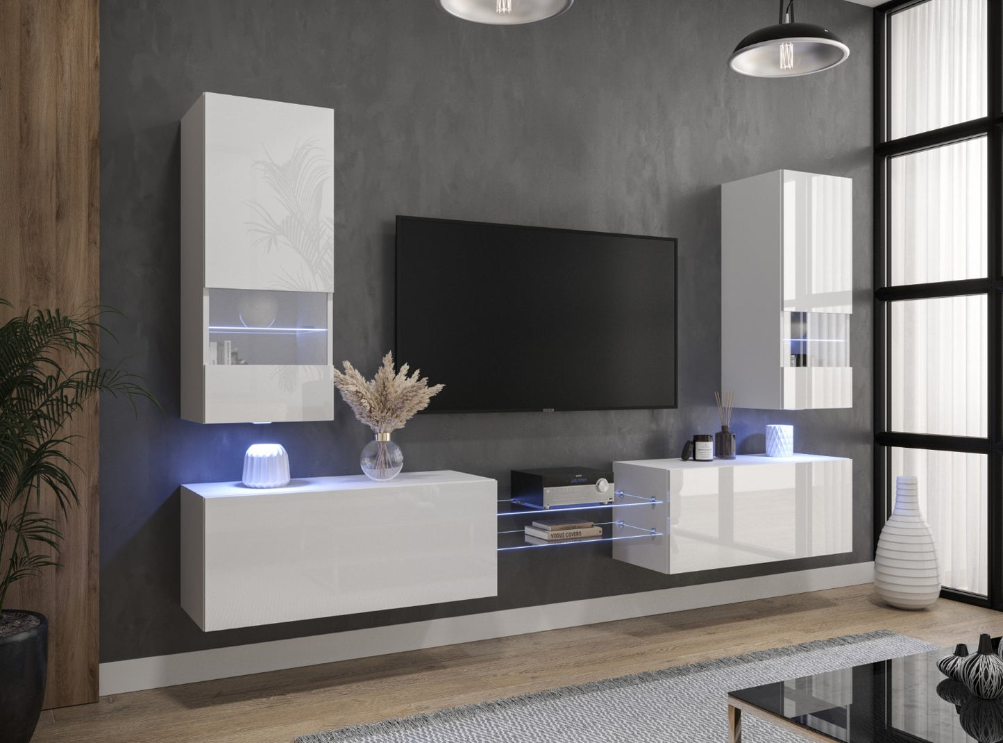 "Discover the sleek elegance of our white gloss TV unit - a modern TV stand designed to elevate your entertainment space. With its floating design and LED light accents, this unit brings contemporary style and sophistication to any room. Explore now for the perfect combination of form and function."