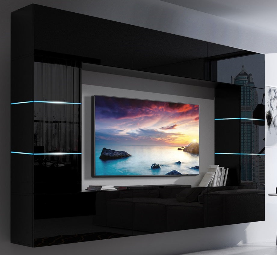 A sleek and modern black gloss TV unit mounted on the wall, seamlessly blending into the contemporary living space. The unit features clean lines, geometric design, and LED accent lighting, creating a sophisticated and stylish focal point. Accommodating a large flat-screen TV, the unit also includes shelves for multimedia devices and decorative items, enhancing both functionality and aesthetics in a modern home setting