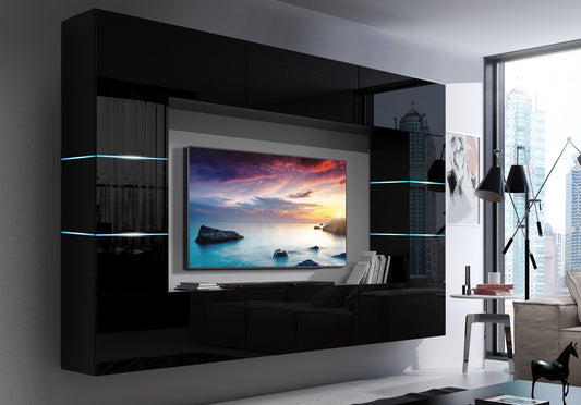 A modern and sleek black gloss TV unit set against a well-coordinated wall media background. The TV unit features clean lines, minimalist design, and integrated storage compartments. Soft LED accent lighting enhances the contemporary aesthetic, creating a stylish focal point for any living space