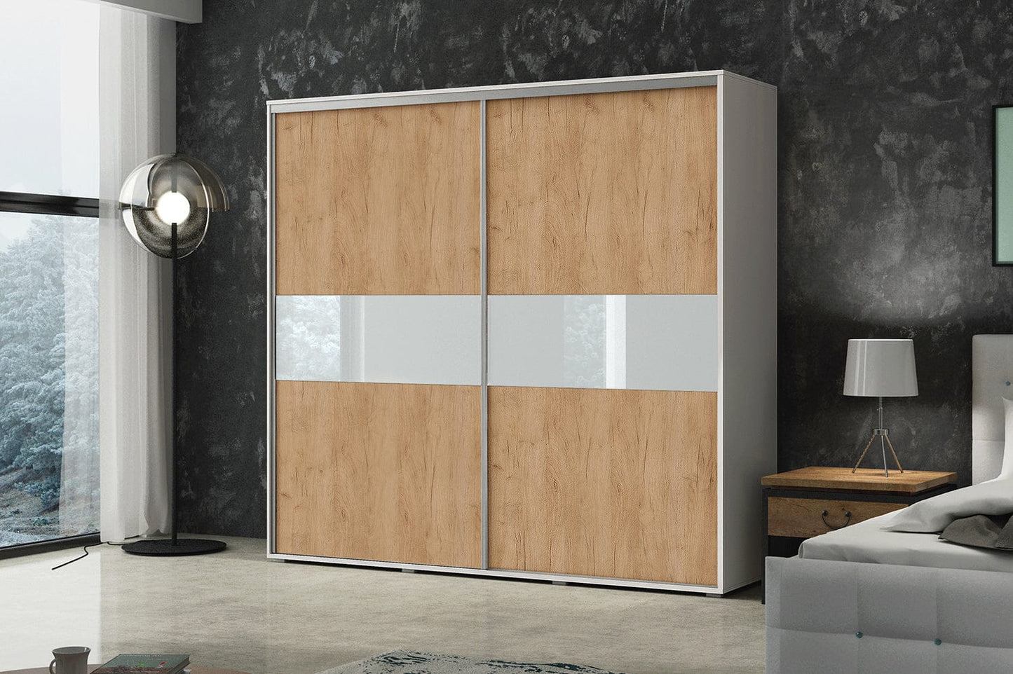 200 cm sliding door wardrobe white and sonoma oak front doors with shelves and hanging rails London wardrobe