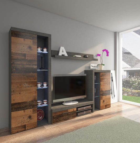 entertainment tv unit living room furniture set in rustic oak colour and grey