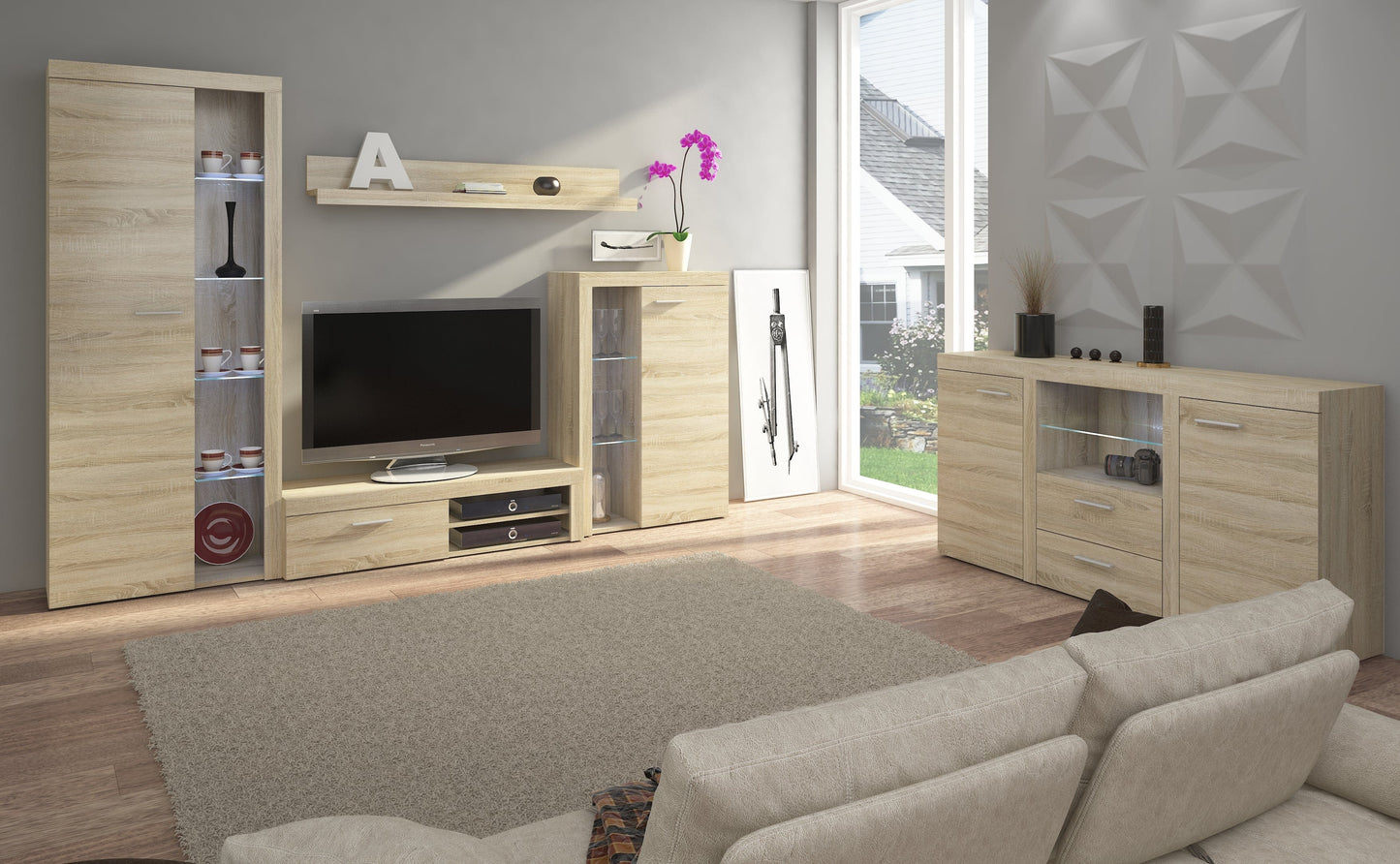 Living room furniture set Entertainment Modern Tv unit Light Sonoma Oak Roxy Small