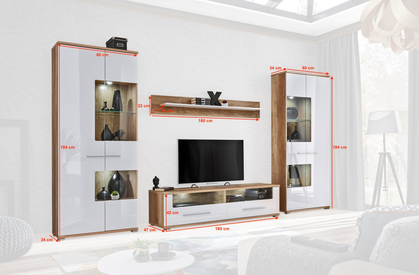 Living room furniture set Modern Entertainment Tv Unit Sally white gloss and oak body
