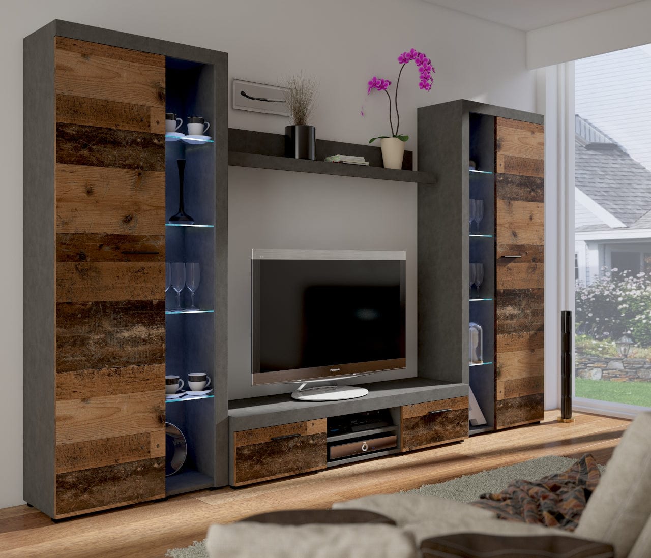 Living room furniture set Entertainment Modern Tv unit Old Rustic and Grey Roxy