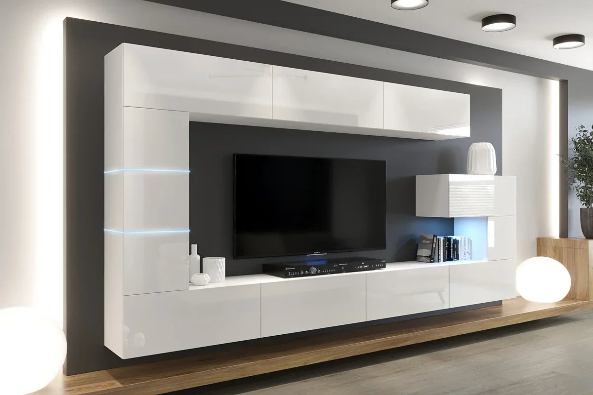 "Modern white gloss living room furniture set featuring media wall cabinet with LED lighting and high-gloss finish"