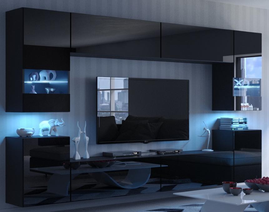 "Modern black gloss living room furniture set with media wall cabinet featuring LED lighting and sleek high-gloss finish."