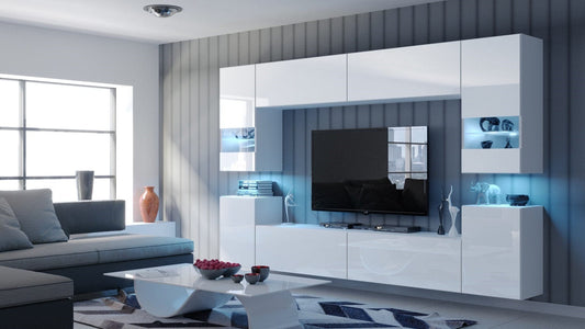 living room furniture set tv unit white gloss entertainment media wall  led lights