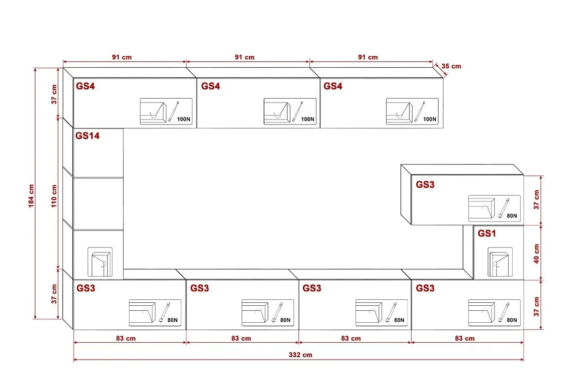 Modern white gloss and matt white modular TV unit with blue LED lights.