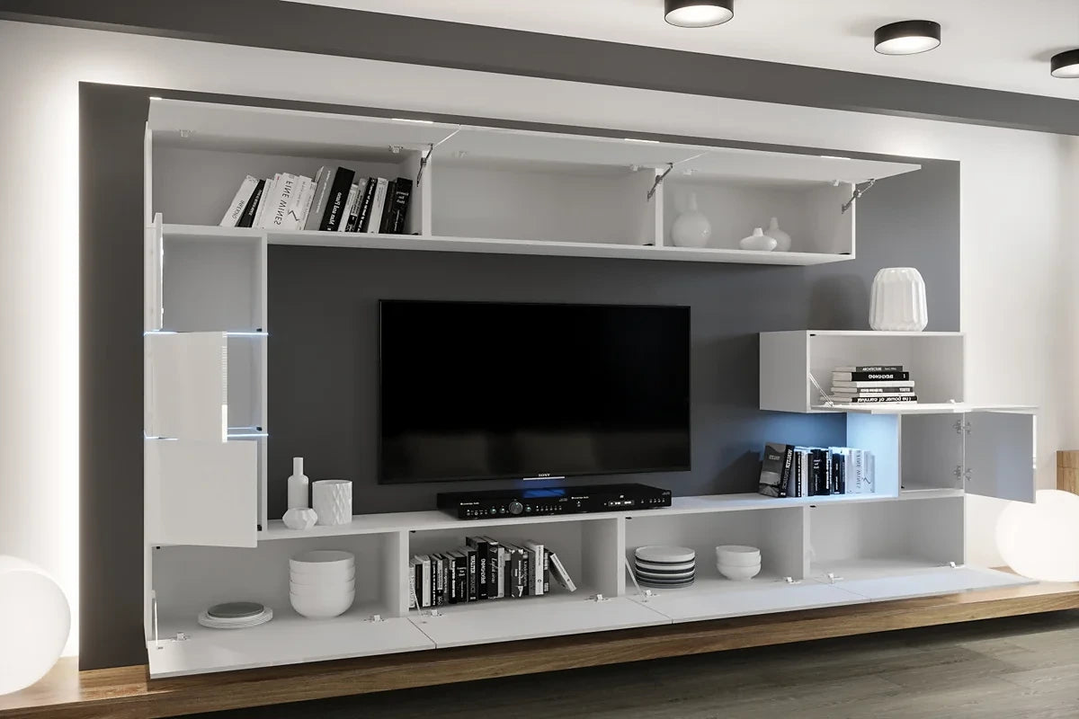 N89 white gloss floating wall unit 332cm wide, ideal for large living room TVs.