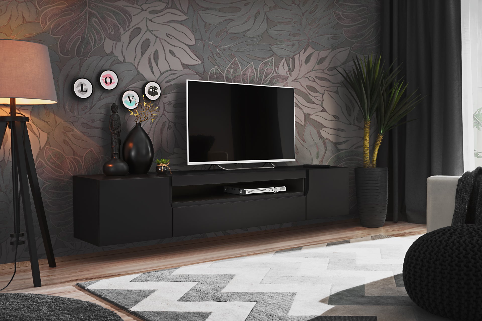 Equipped with ample storage space, this TV unit is not only a stylish addition but also a practical solution for organizing your media essentials. The open shelving and hidden compartments offer versatility, allowing you to display decorative items and conceal cables or media devices.