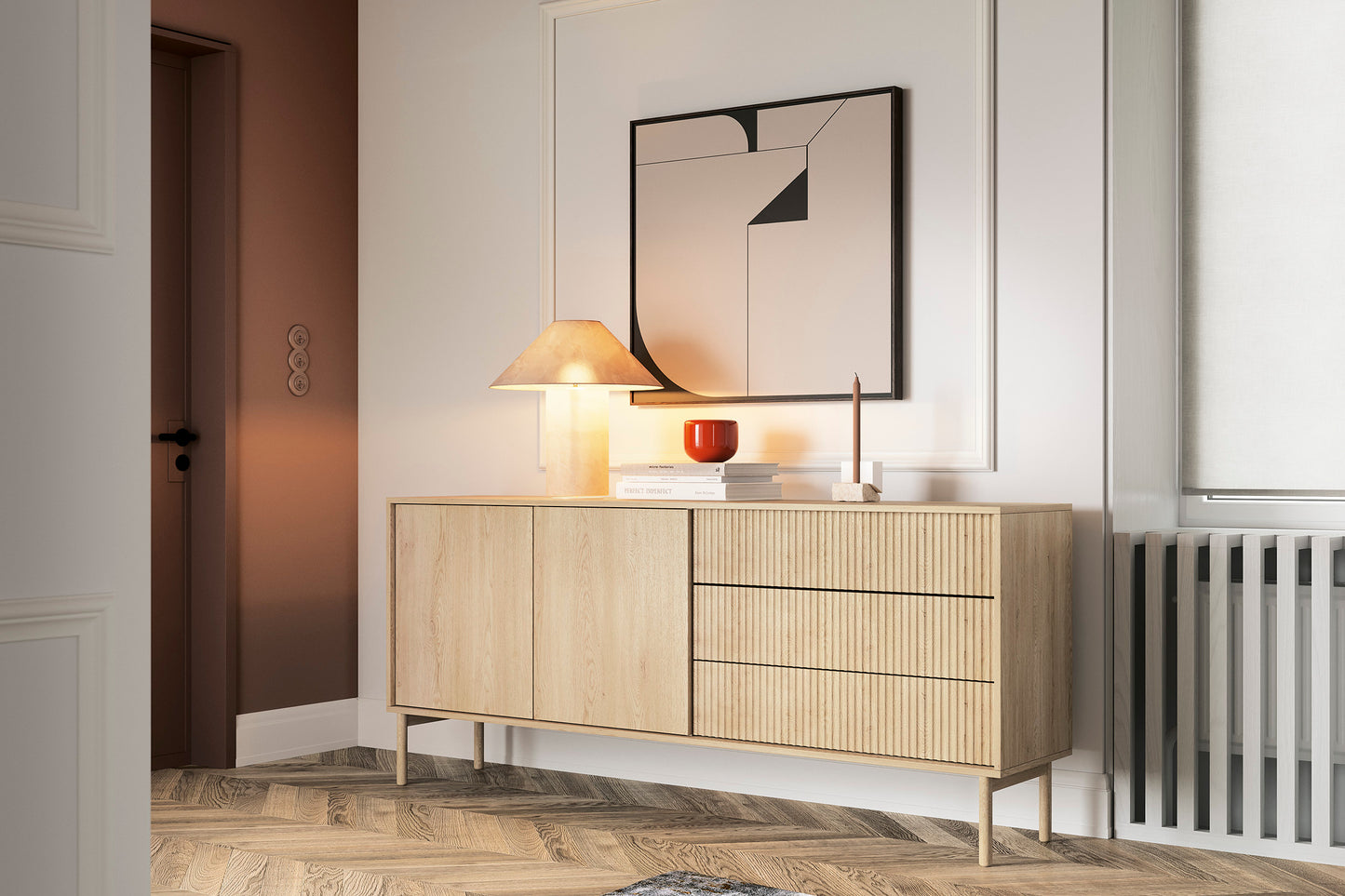  "Modern Scandinavian living room featuring a TAVO sideboard with ribbed drawers, a sleek TV unit, and stylish decor elements, all set in a bright, airy space with natural light."