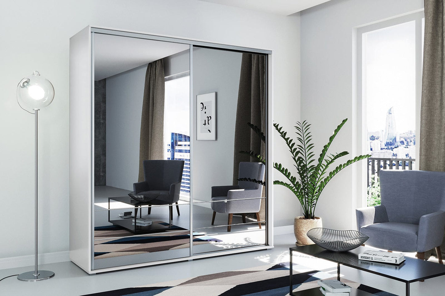 175 cm sliding wardrobe white with full mirror front pannel