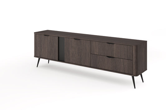 VERIS E TV unit in dark wood finish, 195 cm wide with two open drawers and two cabinet doors, showcasing internal shelves and black metal legs.