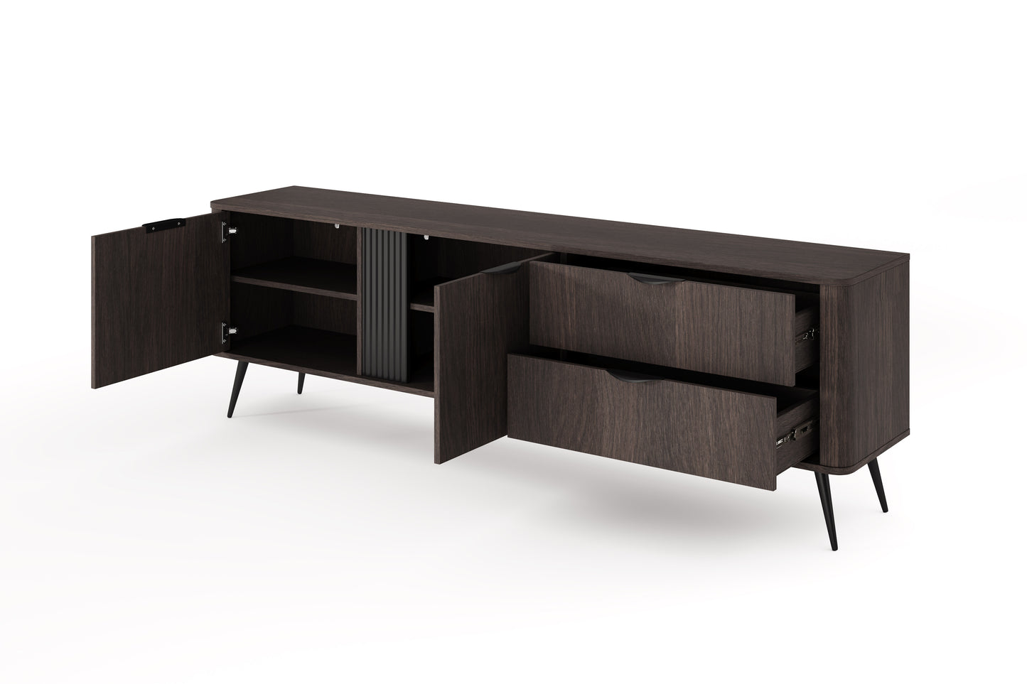 VERIS E TV unit in dark wood finish, 195 cm wide with two open drawers and two cabinet doors, showcasing internal shelves and black metal legs.

