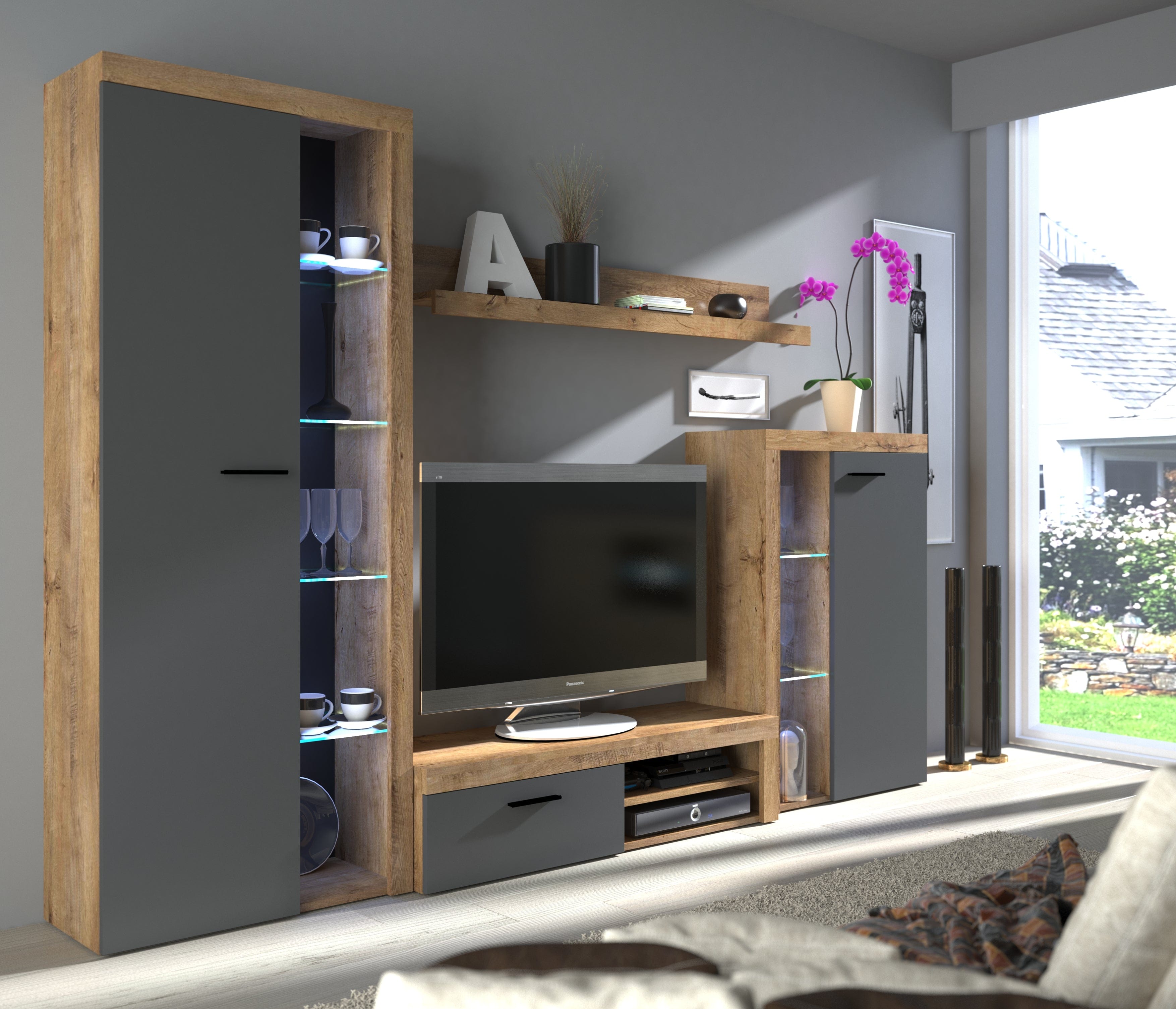 Living room furniture set  Entertainment Modern Tv unit Grey and Oak Roxy Small