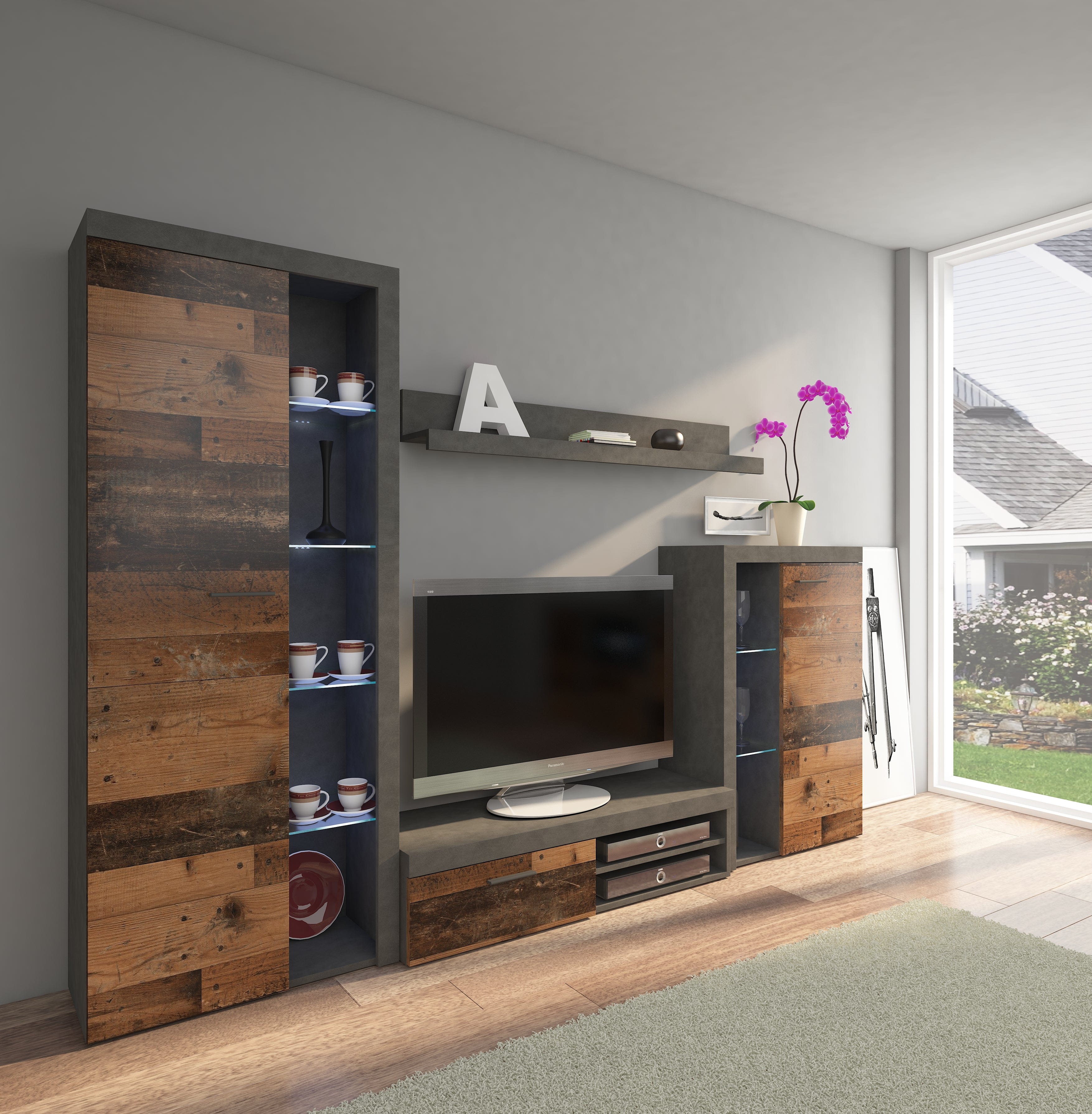 entertainment tv unit living room furniture set in rustic oak colour and grey 