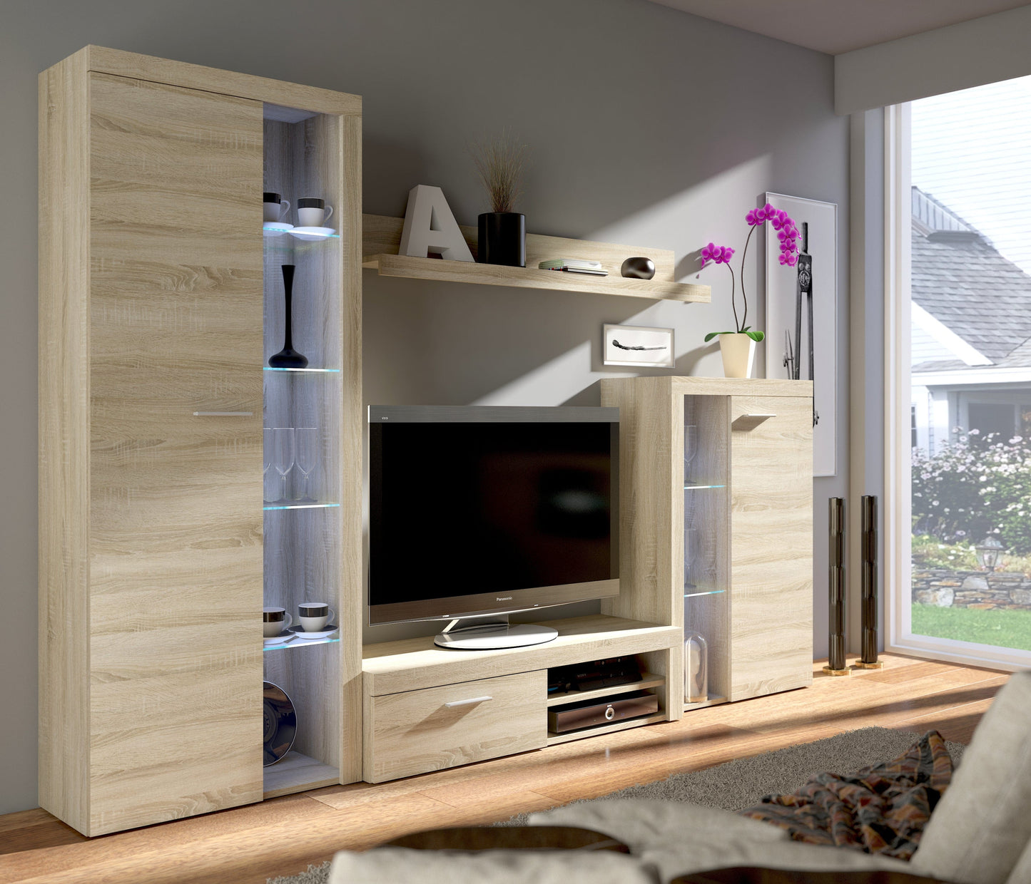entertainment tv unit light sonoma oak living room furniture set