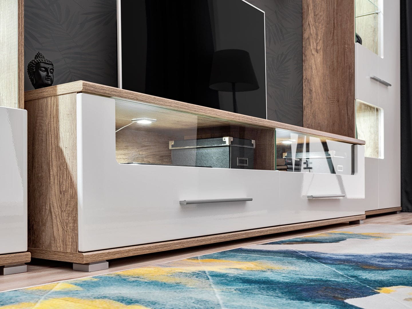 Living room furniture set Modern Entertainment Tv Unit Sally white gloss and oak body