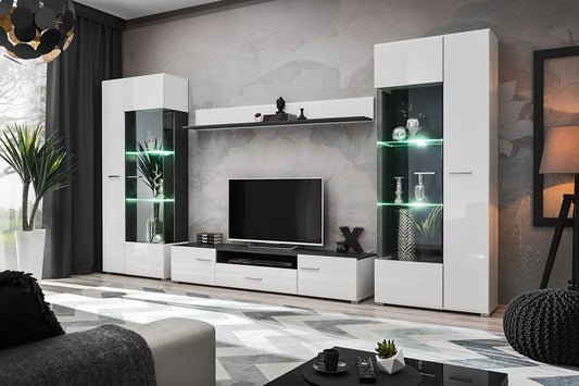 Living room furniture set tv unit white gloss  with led 