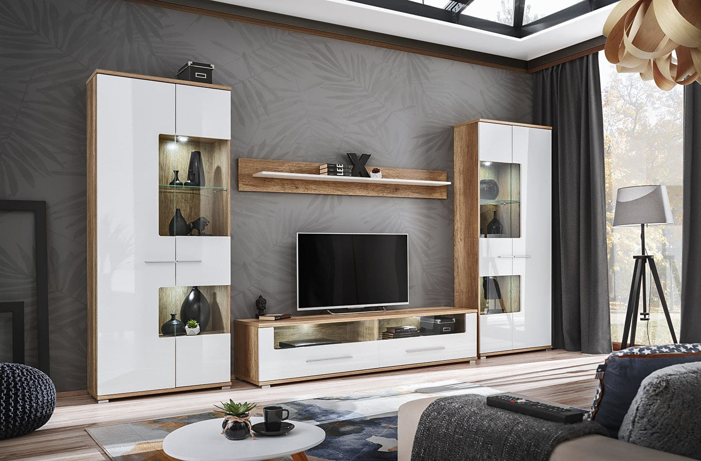 Living room furniture set Modern Entertainment Tv Unit Sally white gloss and oak body