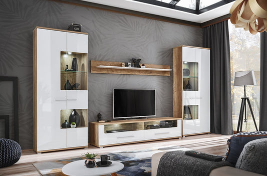 Living room furniture set Modern Entertainment Tv Unit Sally white gloss and oak body